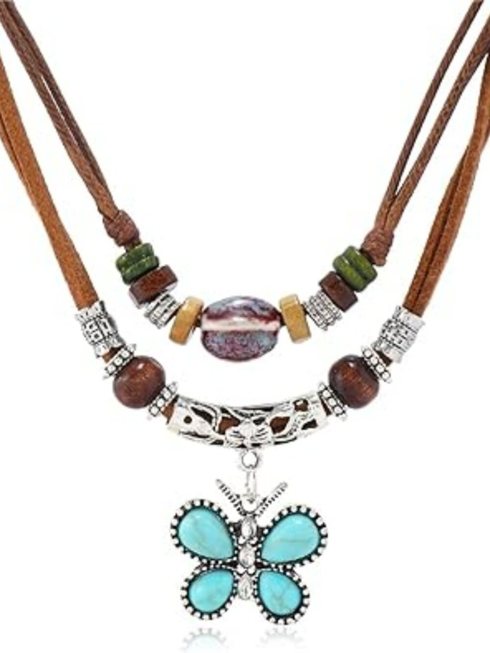 Boho Turquoise Necklace Layered Butterfly Pendant Western Trendy Rustic Couture